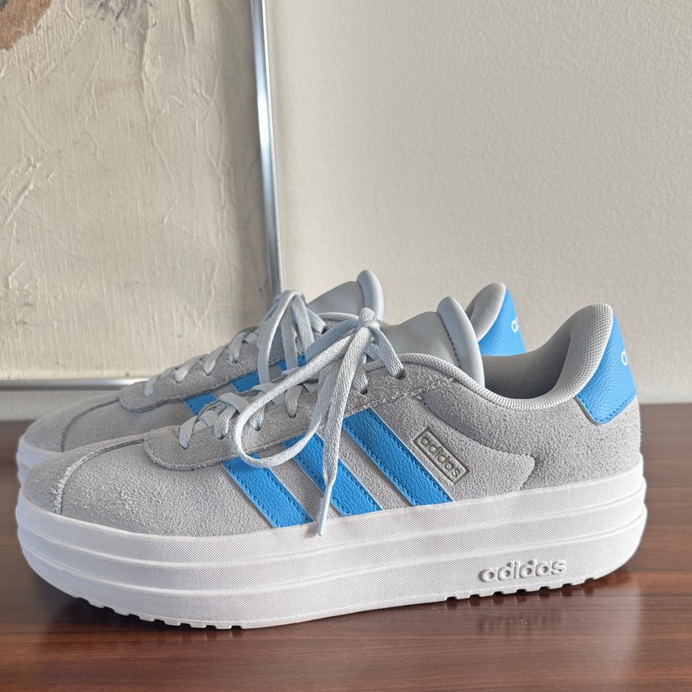 Adidas Kids VL Court Shoe Suede Gray Sneakers with Blue Stripes 7